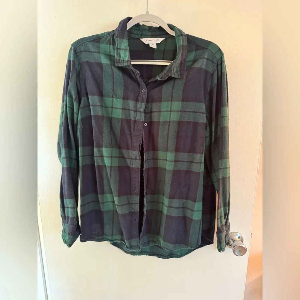 Old Navy Green/Navy Scotch cotton flannel plaid Button Down boyfriend shirt xl